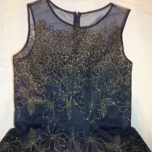Straples Navy Tahari Dress with Gold Floral Design